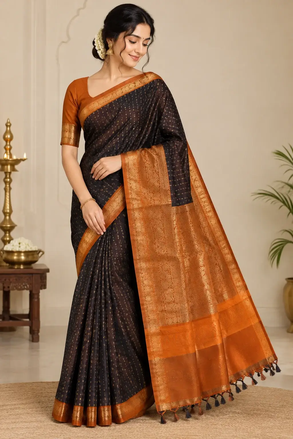 Dark Brown Kanchipuram Silk Saree